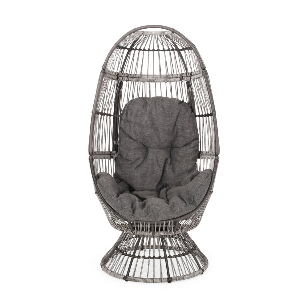 31" Gray Metal Outdoor Egg Chair with Gray Cushion
