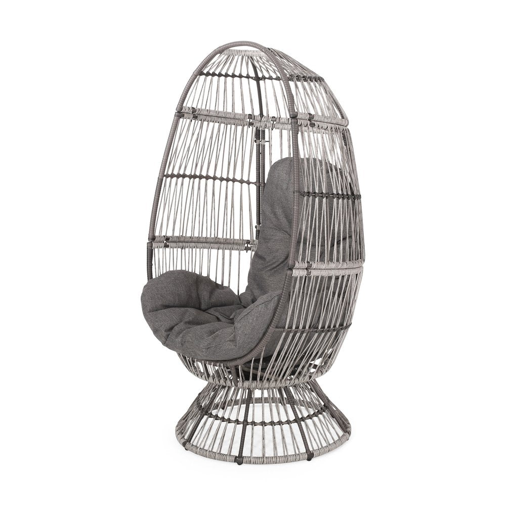31" Gray Metal Outdoor Egg Chair with Gray Cushion