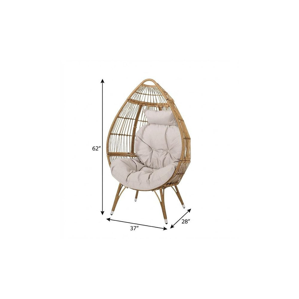 37" Beige Woven Faux Rattan Outdoor Egg Chair with Beige Cushion