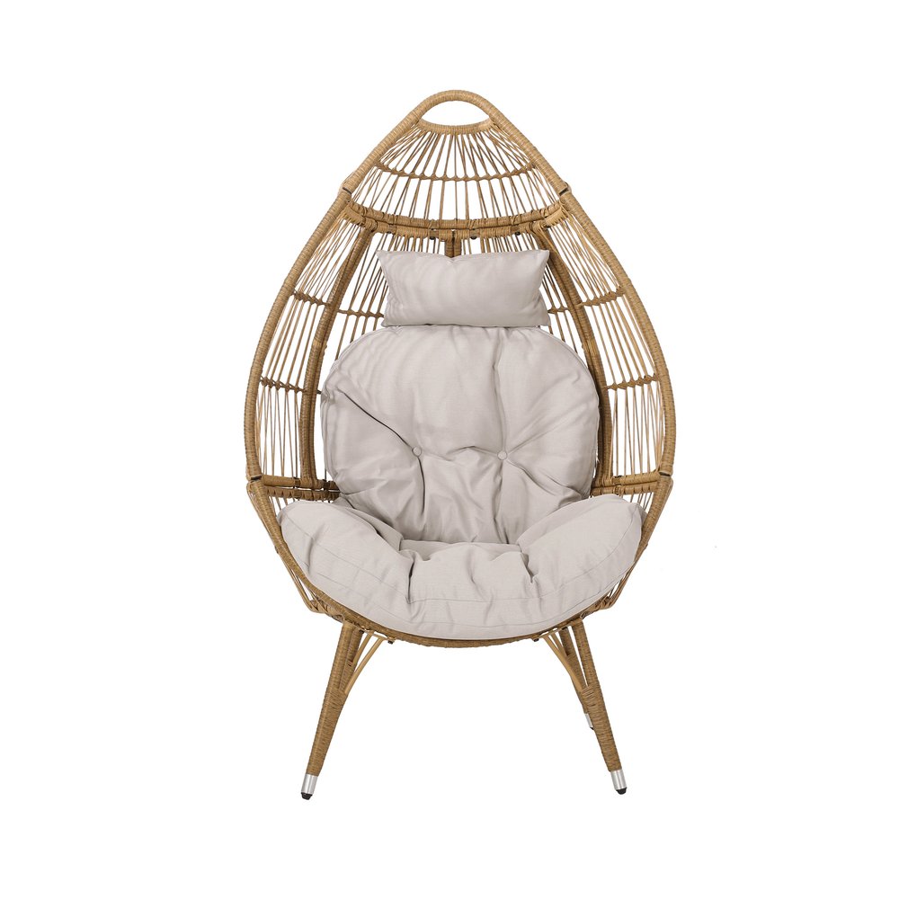 37" Beige Woven Faux Rattan Outdoor Egg Chair with Beige Cushion