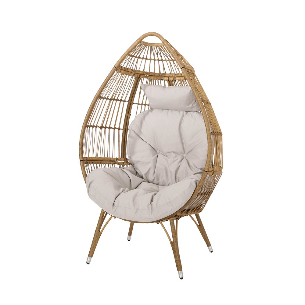 37" Beige Woven Faux Rattan Outdoor Egg Chair with Beige Cushion
