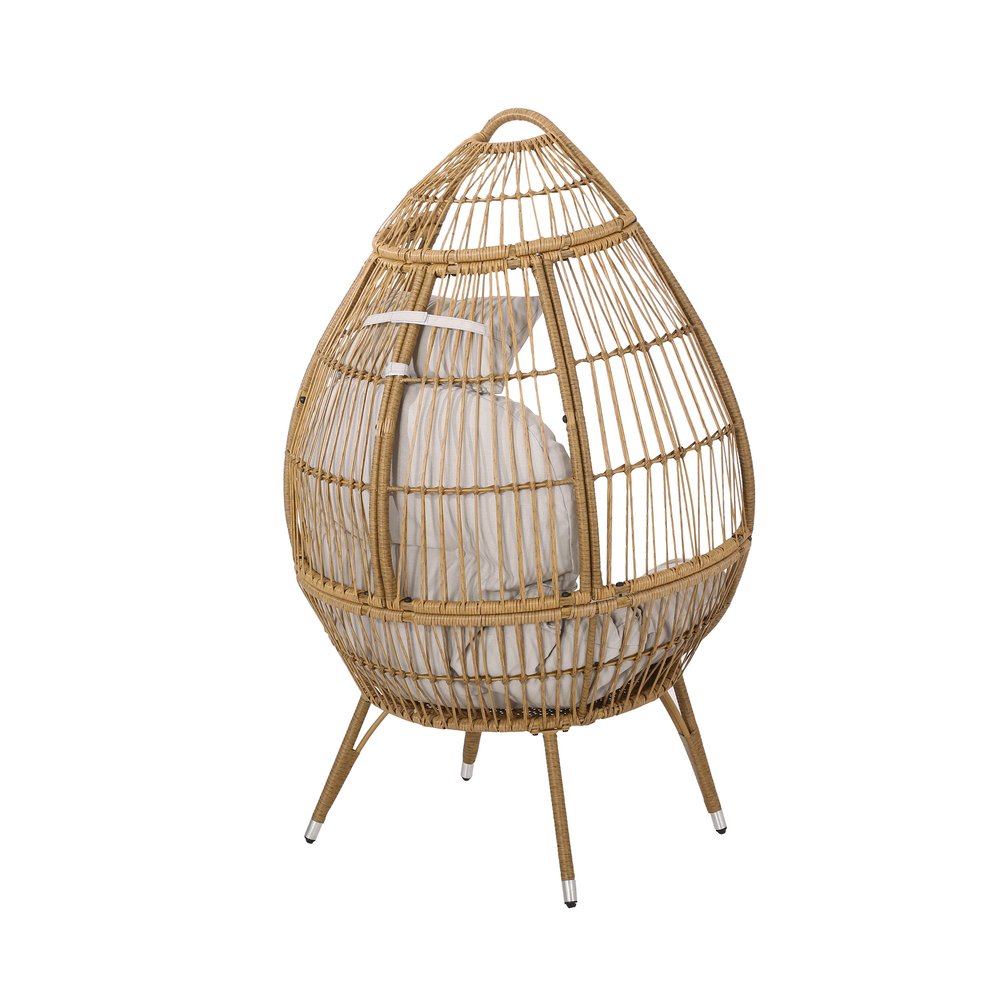 37" Beige Woven Faux Rattan Outdoor Egg Chair with Beige Cushion