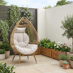 37" Beige Woven Faux Rattan Outdoor Egg Chair with Beige Cushion