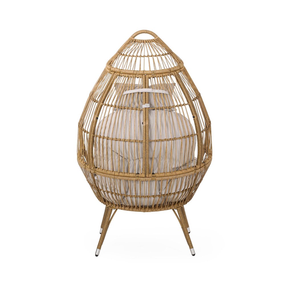 37" Beige Woven Faux Rattan Outdoor Egg Chair with Beige Cushion