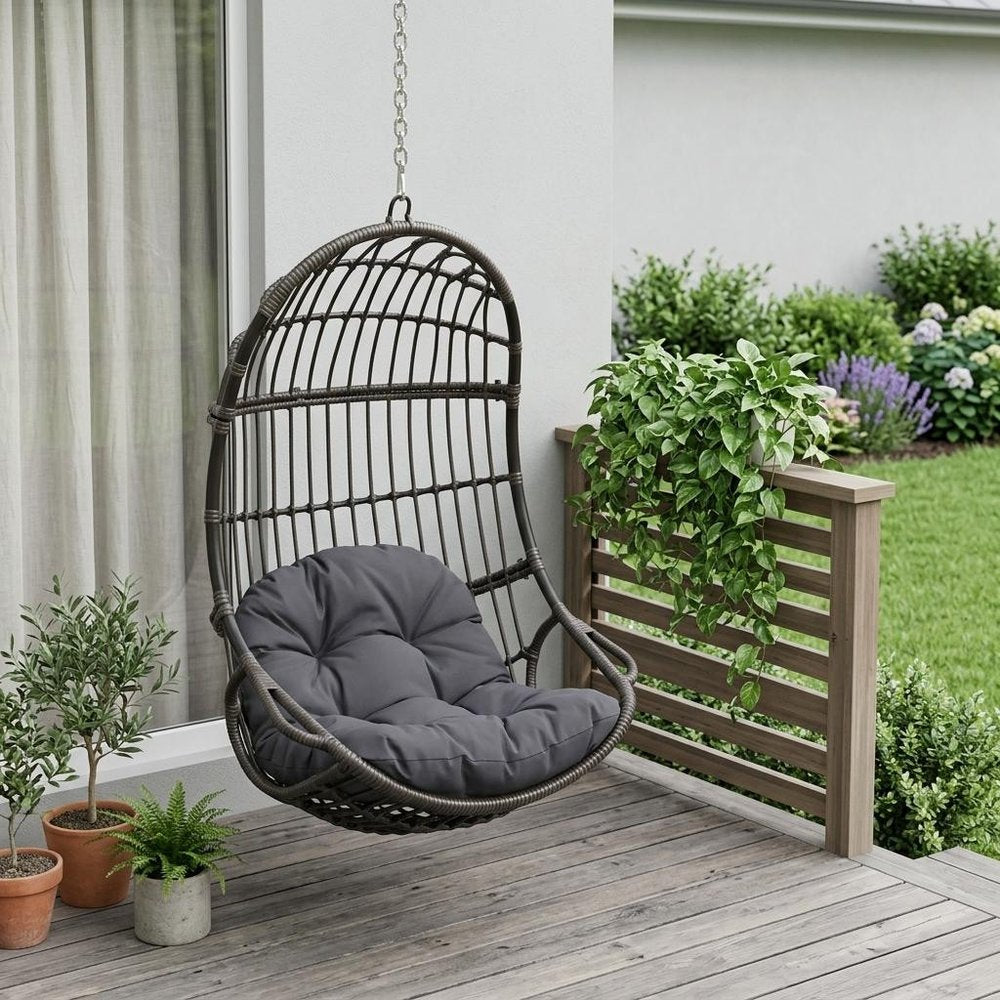 30" Gray Metal Outdoor Egg Chair with Gray Cushion