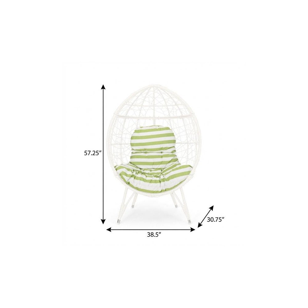 39" White Metal Outdoor Egg Chair with Green And White Cushion