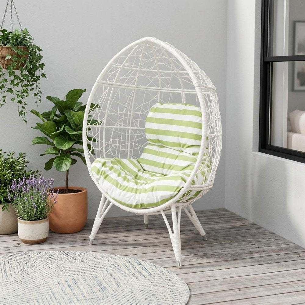 39" White Metal Outdoor Egg Chair with Green And White Cushion