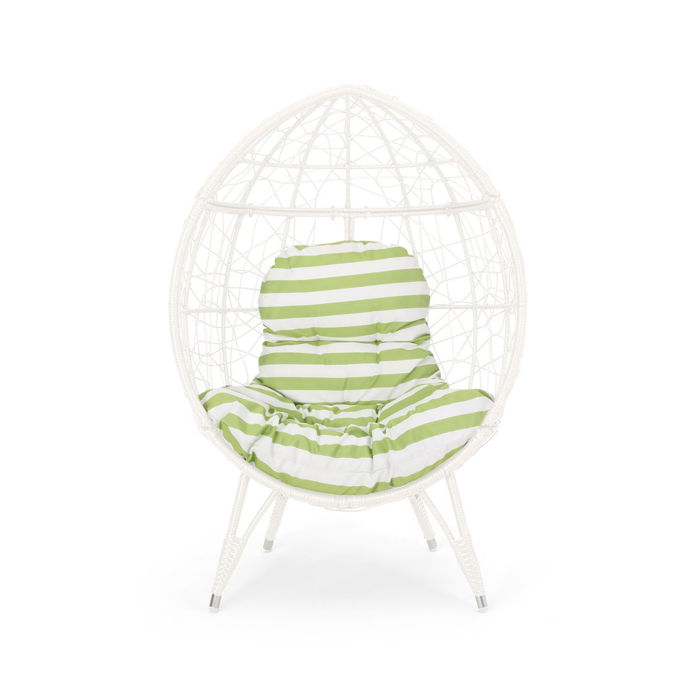 39" White Metal Outdoor Egg Chair with Green And White Cushion
