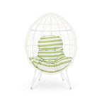 39" White Metal Outdoor Egg Chair with Green And White Cushion