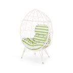 39" White Metal Outdoor Egg Chair with Green And White Cushion