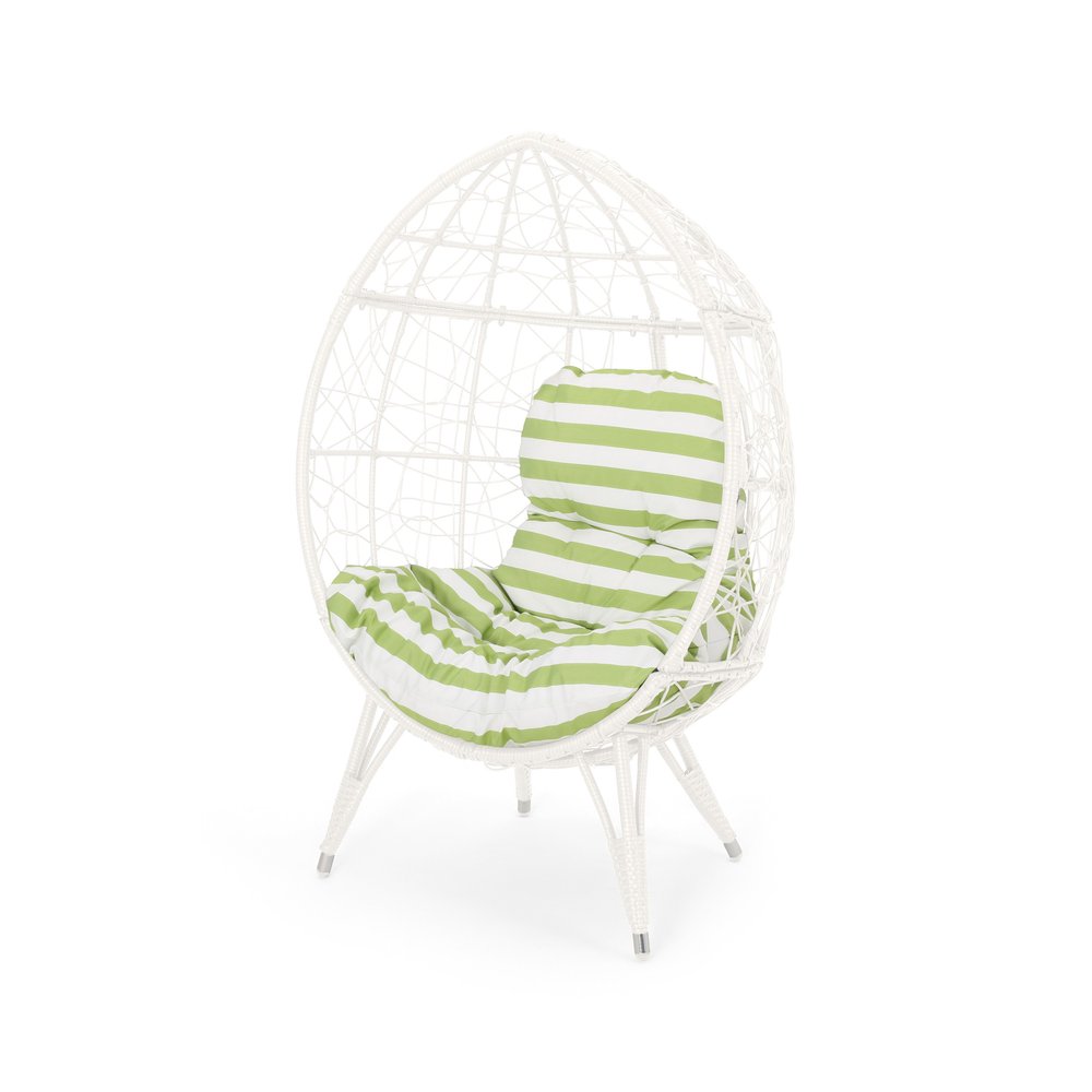 39" White Metal Outdoor Egg Chair with Green And White Cushion