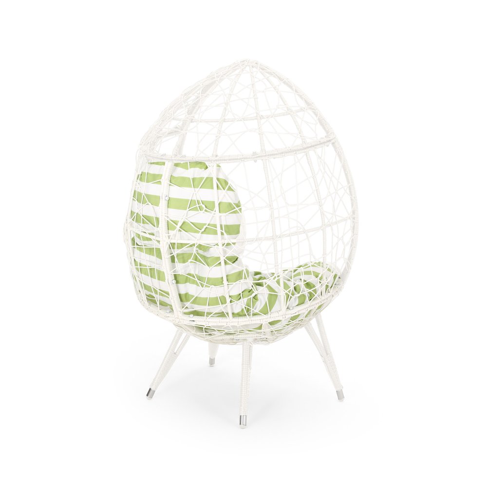 39" White Metal Outdoor Egg Chair with Green And White Cushion
