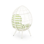 39" White Metal Outdoor Egg Chair with Green And White Cushion