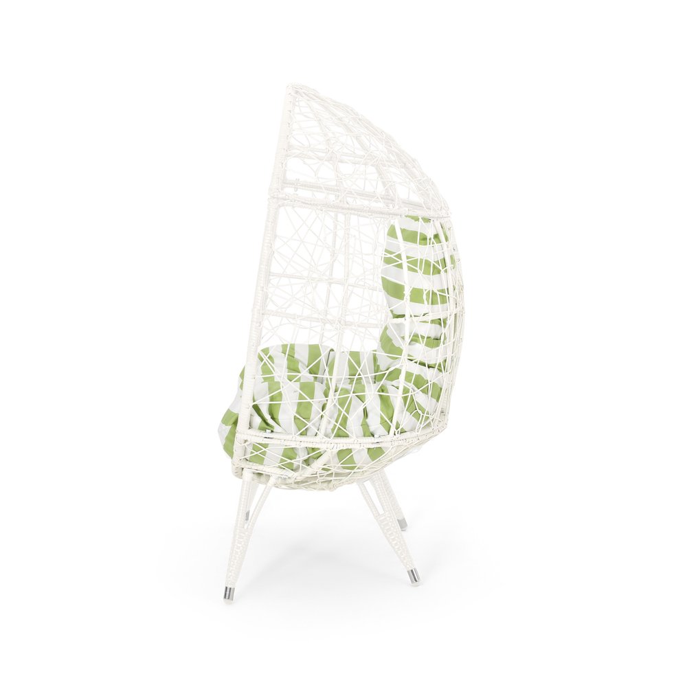 39" White Metal Outdoor Egg Chair with Green And White Cushion