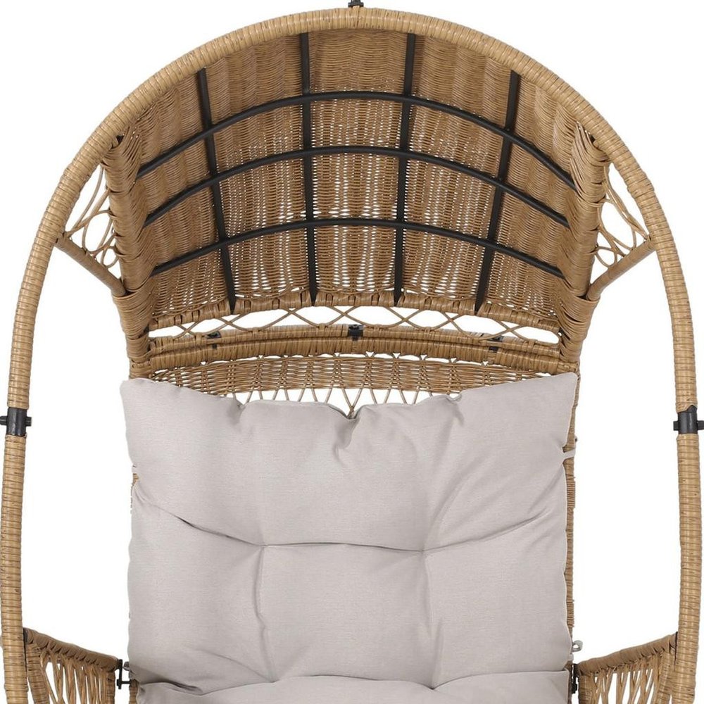 37" Beige Metal Outdoor Egg Chair with Beige Cushion