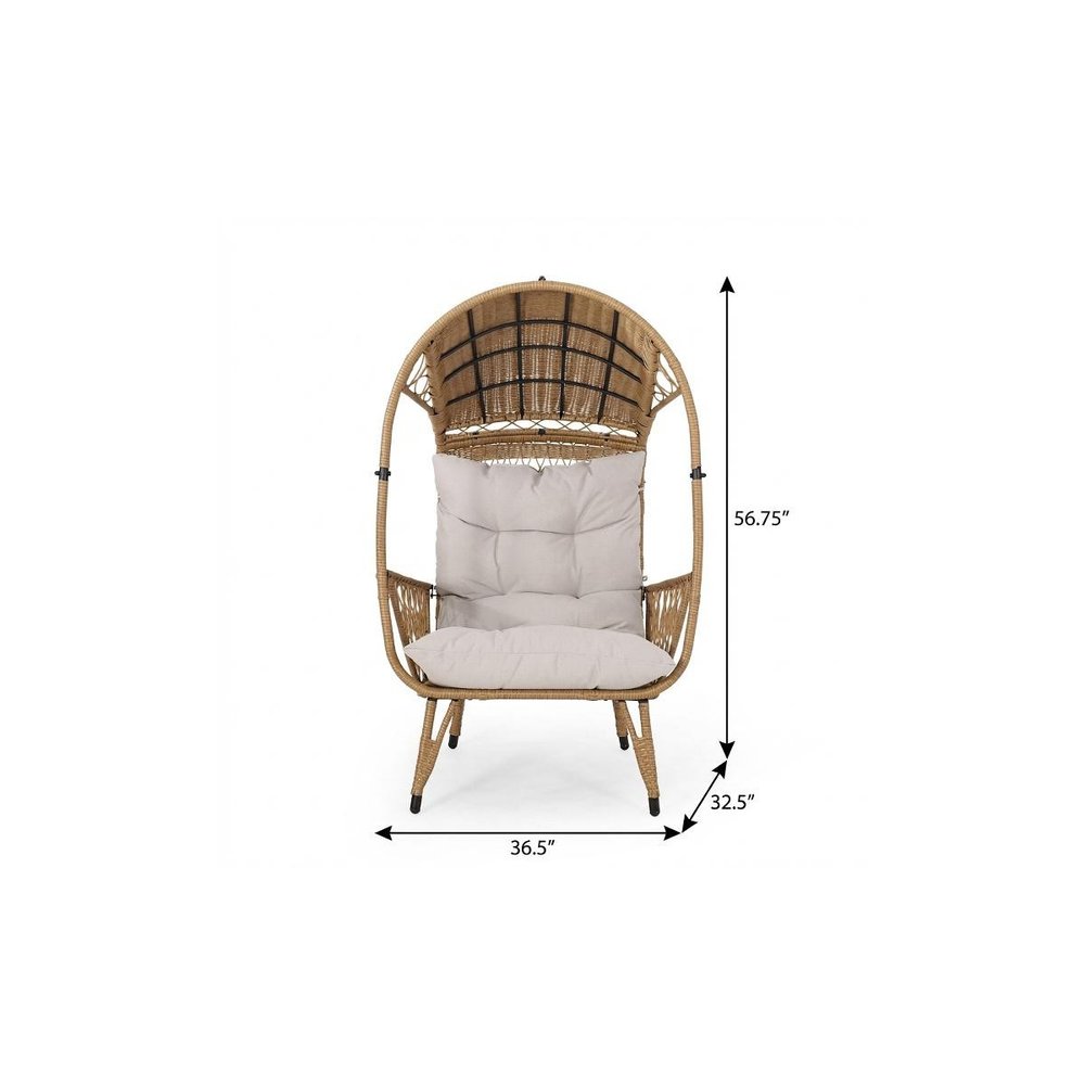 37" Beige Metal Outdoor Egg Chair with Beige Cushion