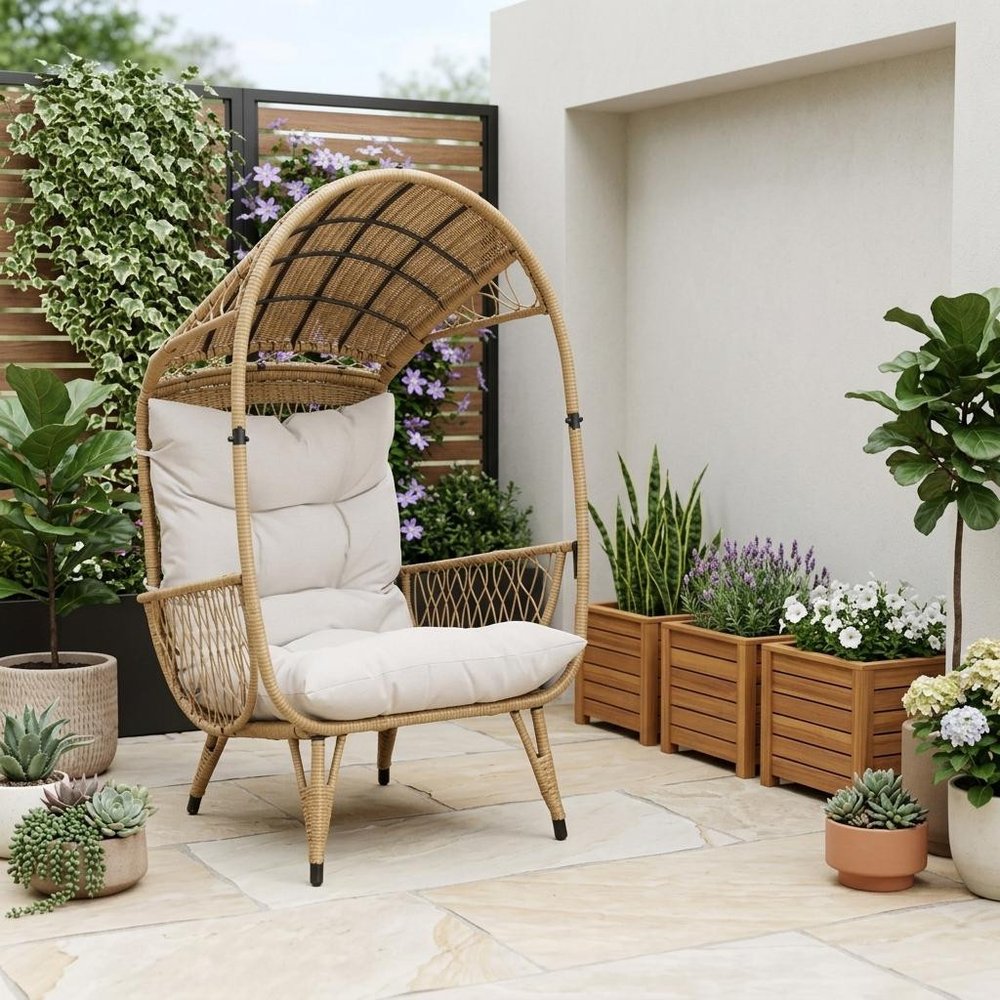37" Beige Metal Outdoor Egg Chair with Beige Cushion