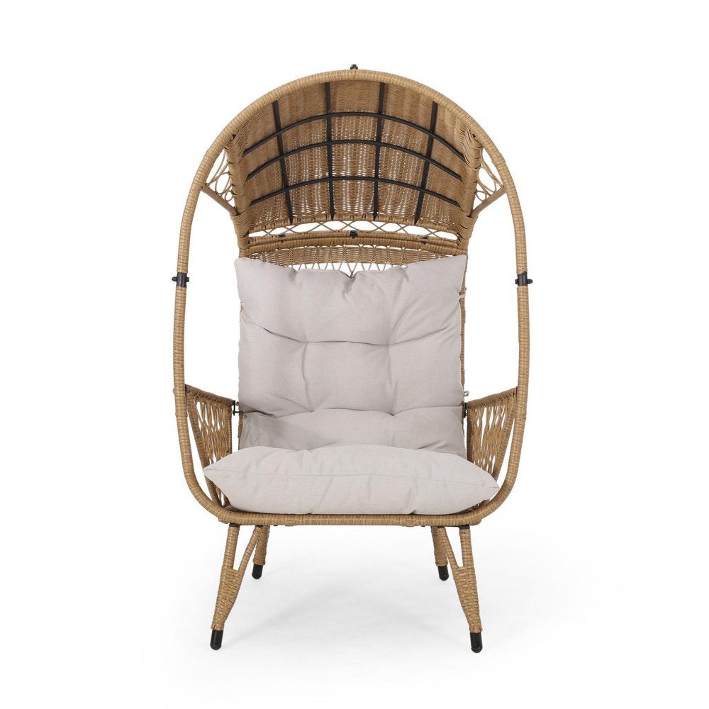 37" Beige Metal Outdoor Egg Chair with Beige Cushion