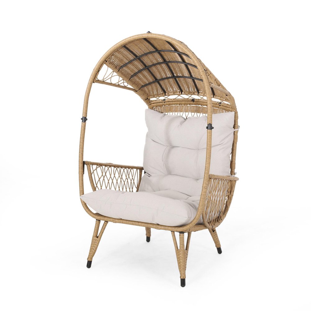 37" Beige Metal Outdoor Egg Chair with Beige Cushion