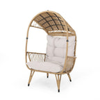 37" Beige Metal Outdoor Egg Chair with Beige Cushion
