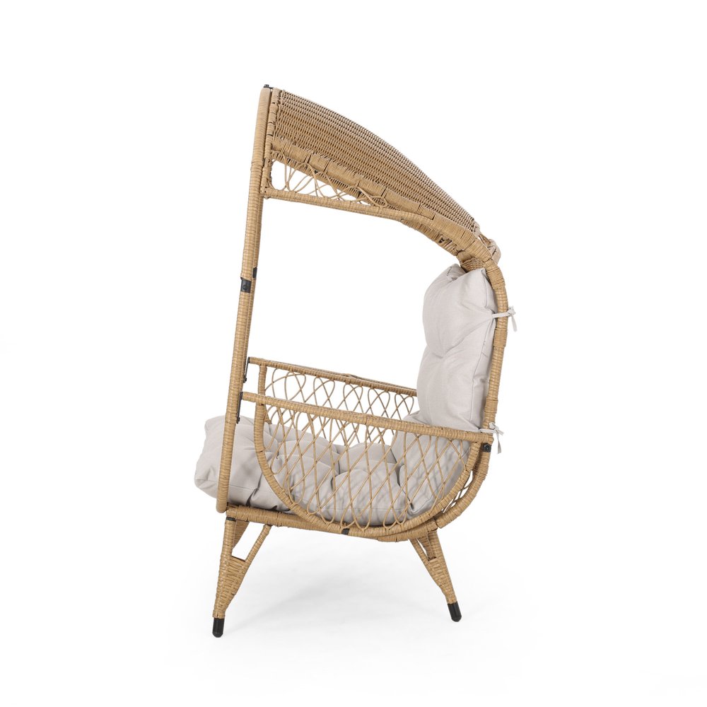 37" Beige Metal Outdoor Egg Chair with Beige Cushion