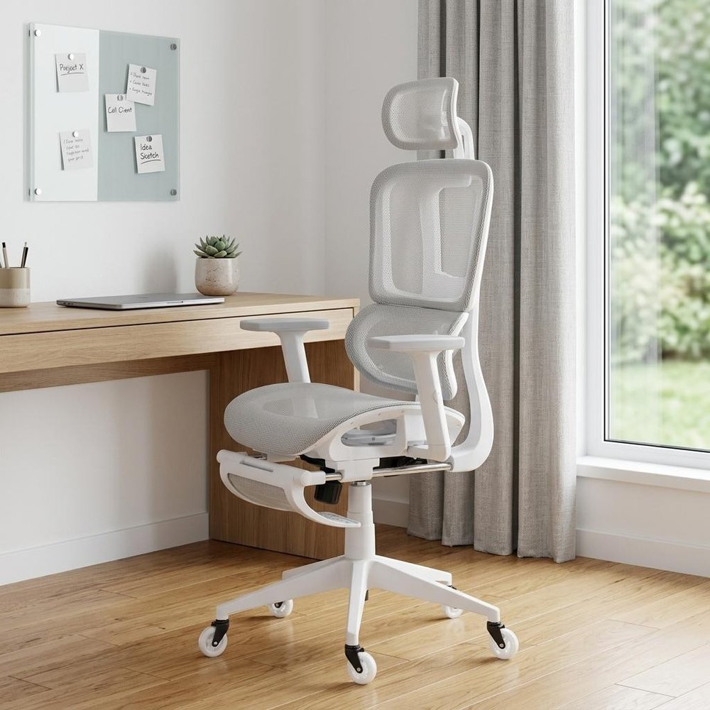 Light Gray And White Adjustable Height Swivel Rolling Gaming Chair With Footrest
