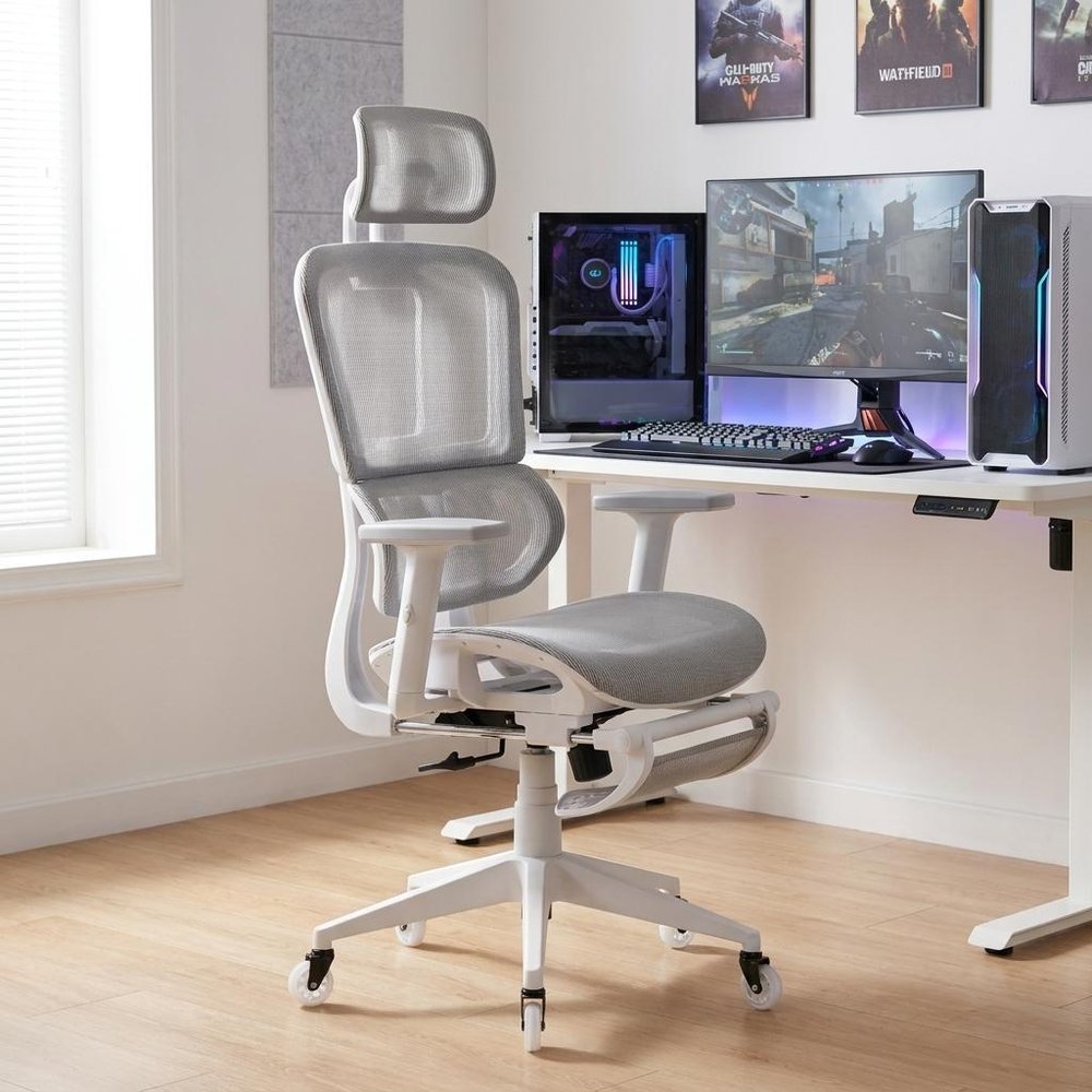 Light Gray And White Adjustable Height Swivel Rolling Gaming Chair With Footrest