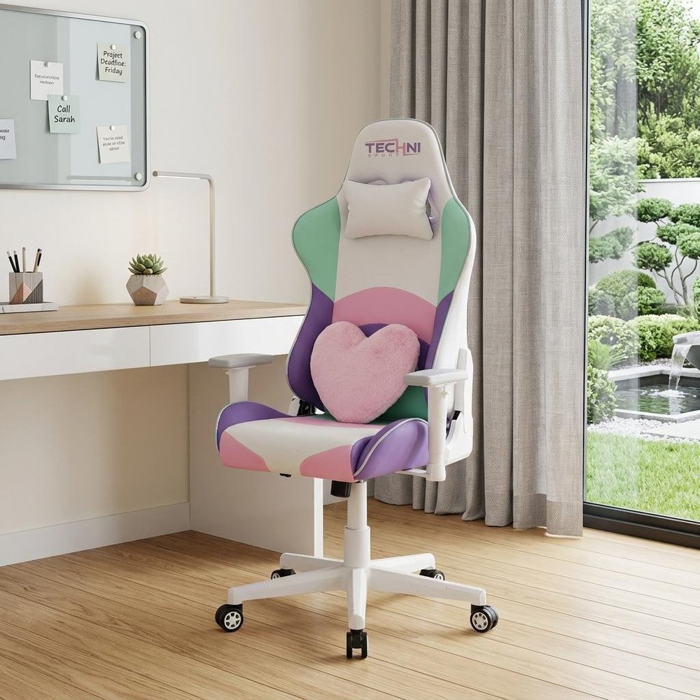 Pink Purple And White And White Swivel Rolling Gaming Chair