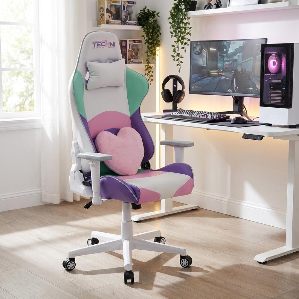 Pink Purple And White And White Swivel Rolling Gaming Chair