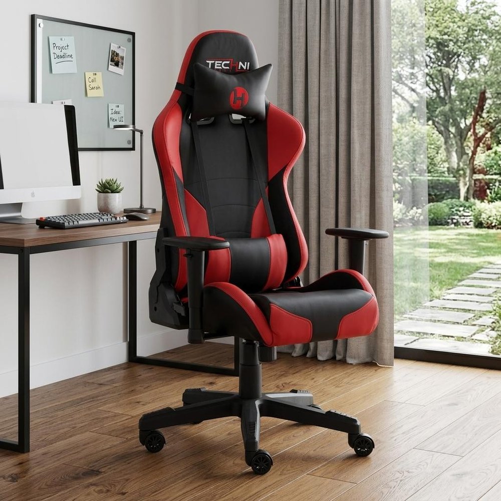 Black And Red And Black Swivel Rolling Gaming Chair