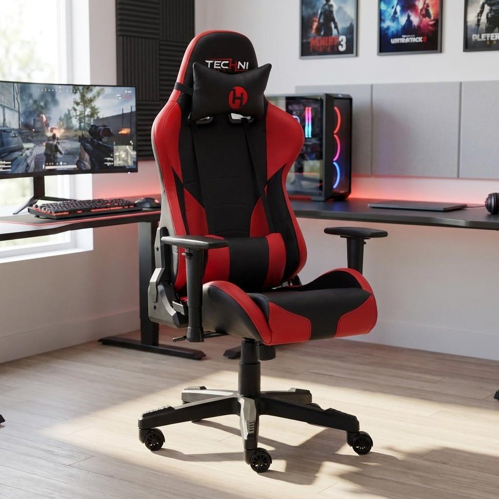 Black And Red And Black Swivel Rolling Gaming Chair