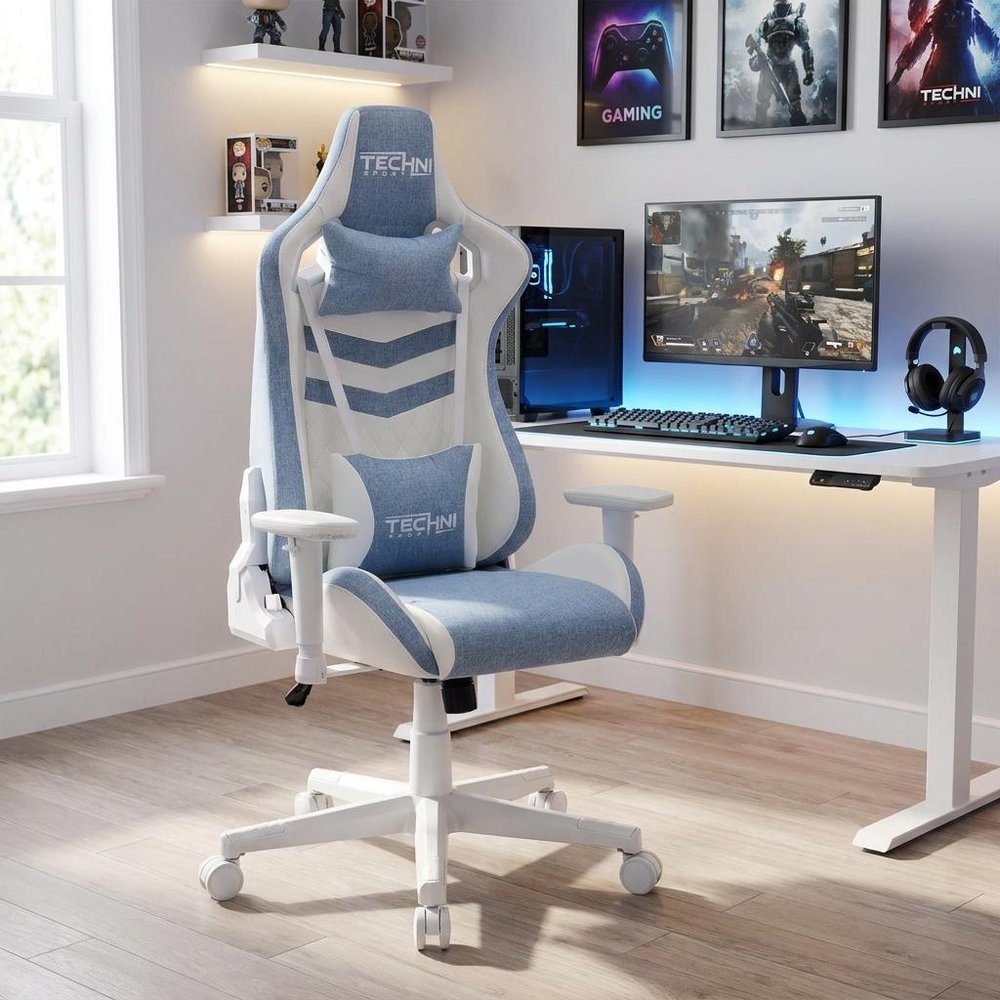 Blue And White Swivel Rolling Gaming Chair