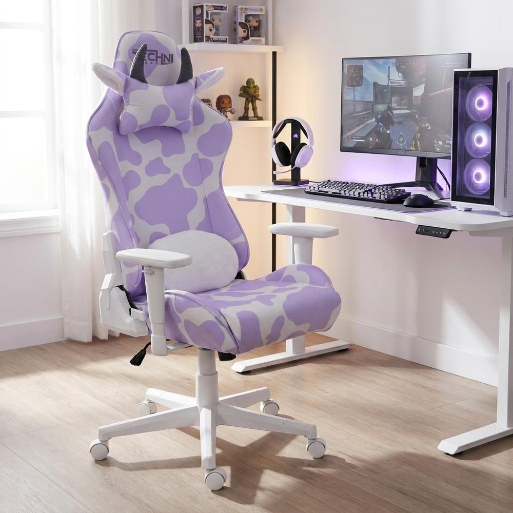 Lavender and White Cow Print Adjustable Height Rolling Gaming Chair