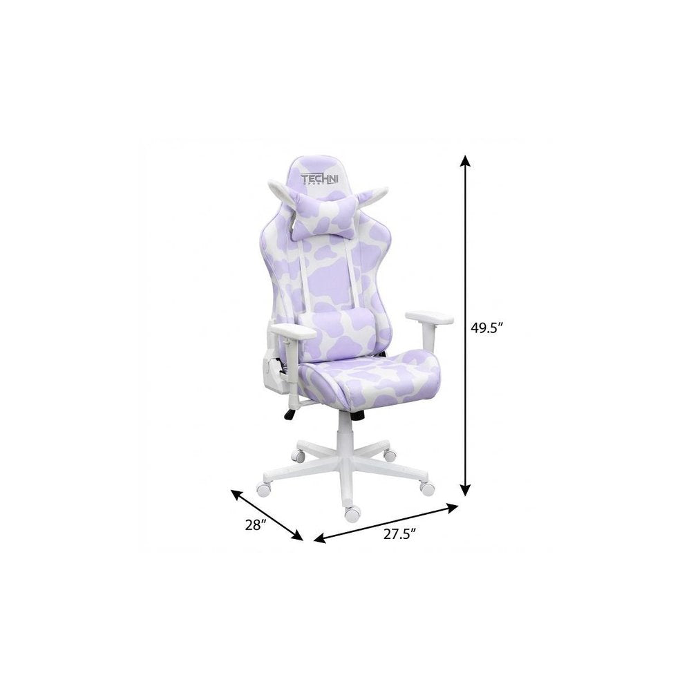 Lavender and White Cow Print Adjustable Height Rolling Gaming Chair