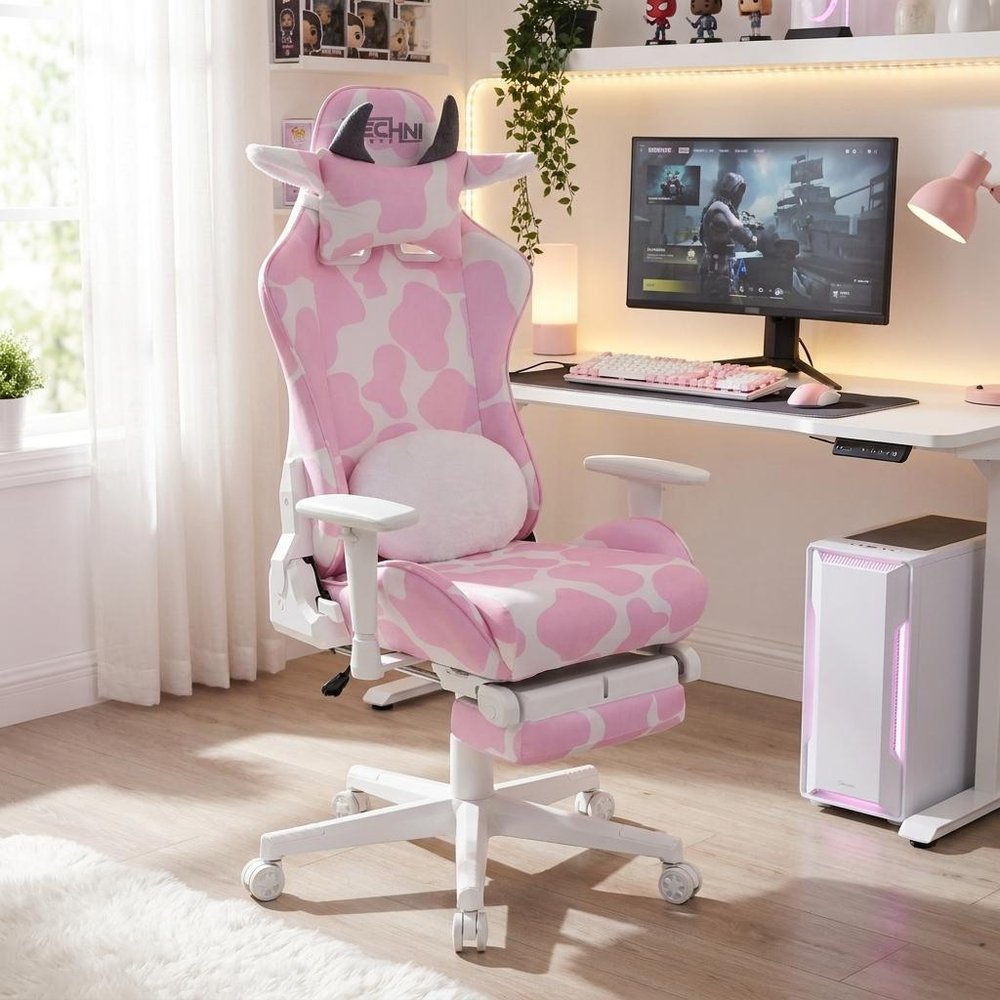 Pink and White Cow Print Adjustable Height Rolling Gaming Chair With Footrest