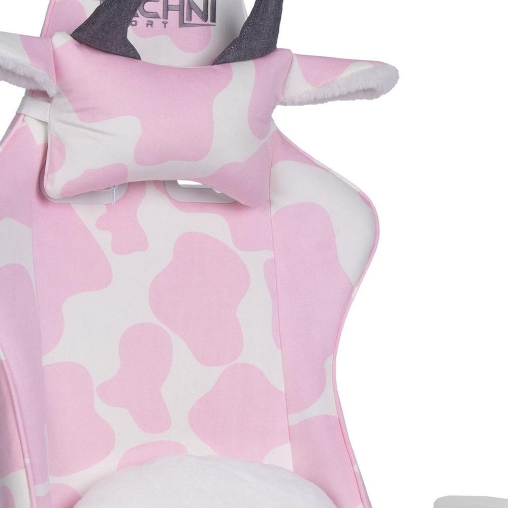 Pink and White Cow Print Adjustable Height Rolling Gaming Chair With Footrest