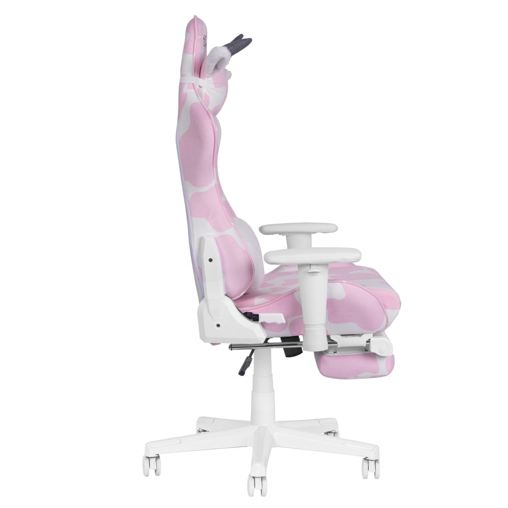 Pink and White Cow Print Adjustable Height Rolling Gaming Chair With Footrest
