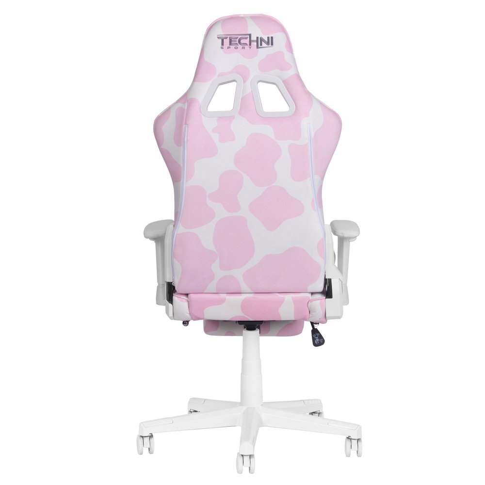 Pink and White Cow Print Adjustable Height Rolling Gaming Chair With Footrest