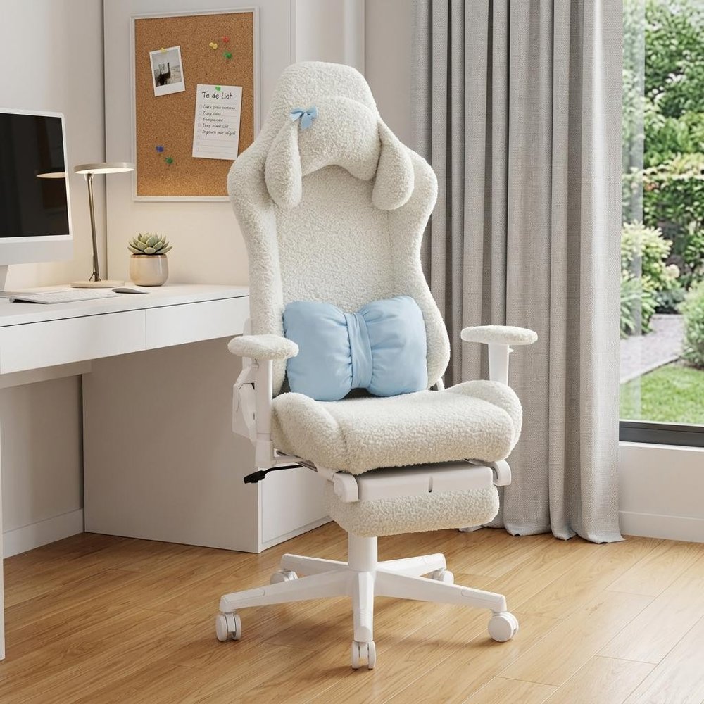 White Adjustable Height Swivel Rolling Gaming Chair With Footrest