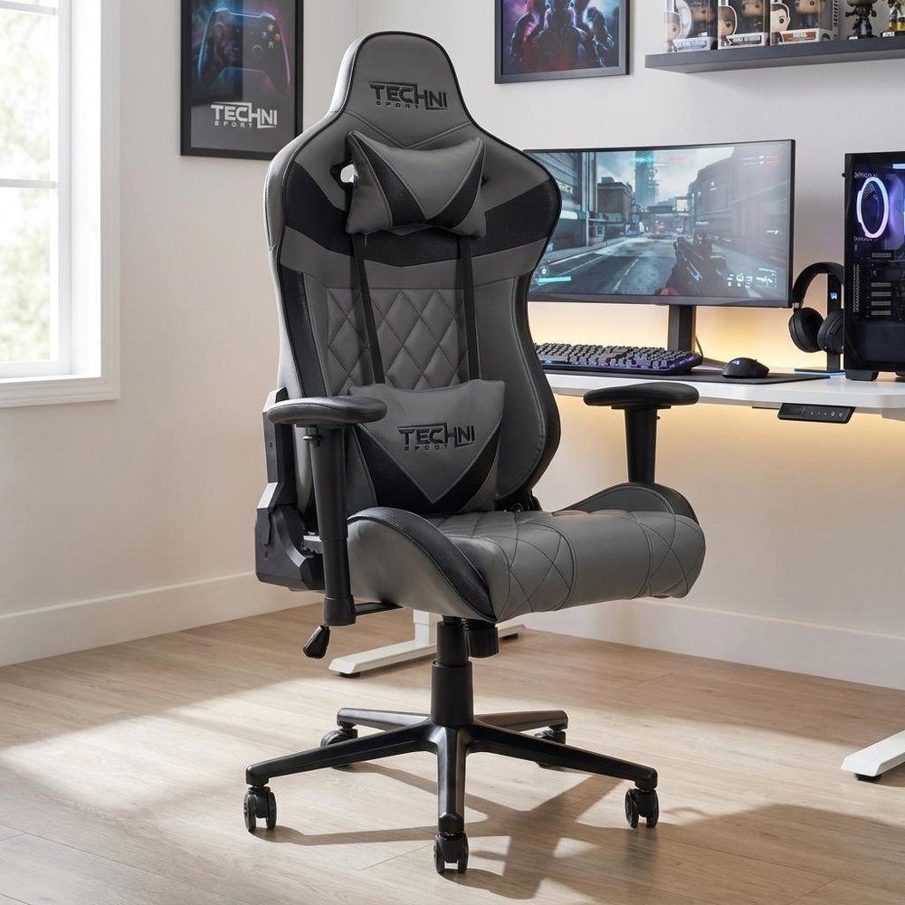 Gray And Black Adjustable Height Swivel Rolling Gaming Chair