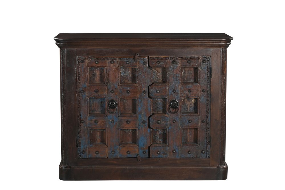 49" Dark Brown Distressed Solid Wood Carved Geometric Sideboard With Two Doors