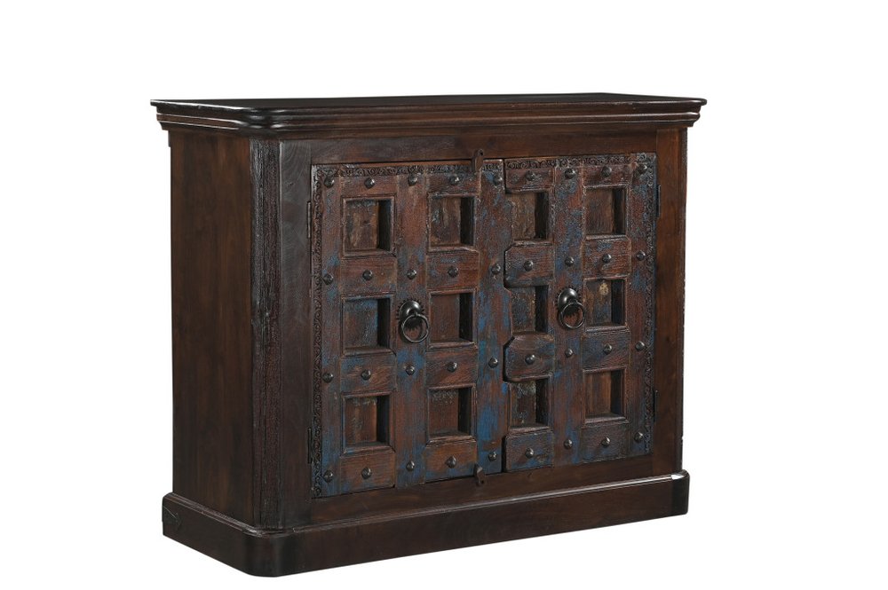 49" Dark Brown Distressed Solid Wood Carved Geometric Sideboard With Two Doors