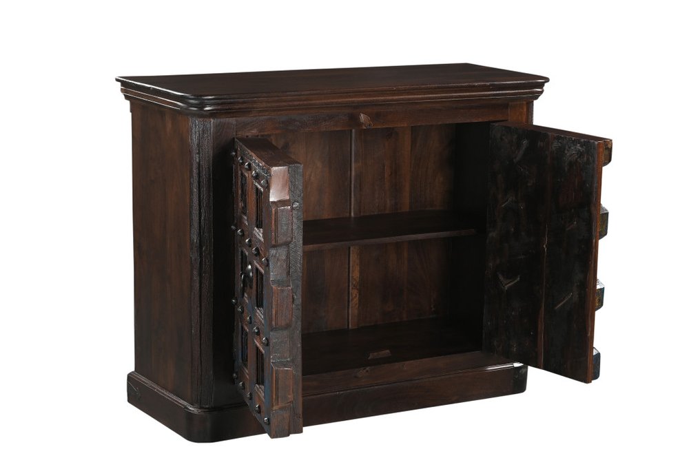 49" Dark Brown Distressed Solid Wood Carved Geometric Sideboard With Two Doors