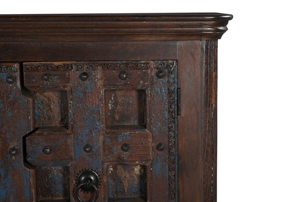 49" Dark Brown Distressed Solid Wood Carved Geometric Sideboard With Two Doors
