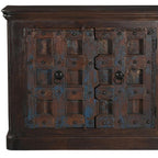 49" Dark Brown Distressed Solid Wood Carved Geometric Sideboard With Two Doors