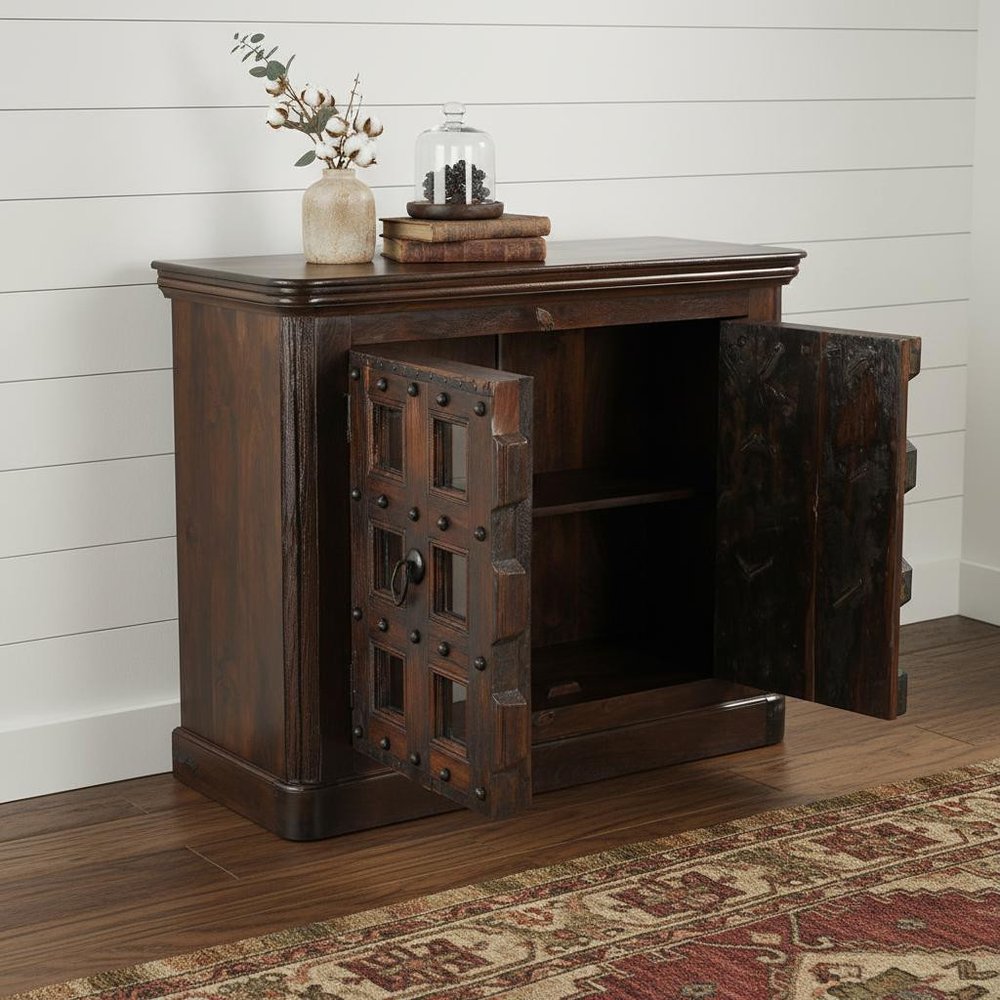 49" Dark Brown Distressed Solid Wood Carved Geometric Sideboard With Two Doors