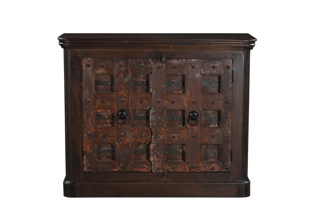 49" Dark Brown Distressed Solid Wood Carved Geometric Sideboard With Two Doors