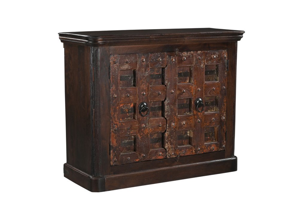 49" Dark Brown Distressed Solid Wood Carved Geometric Sideboard With Two Doors