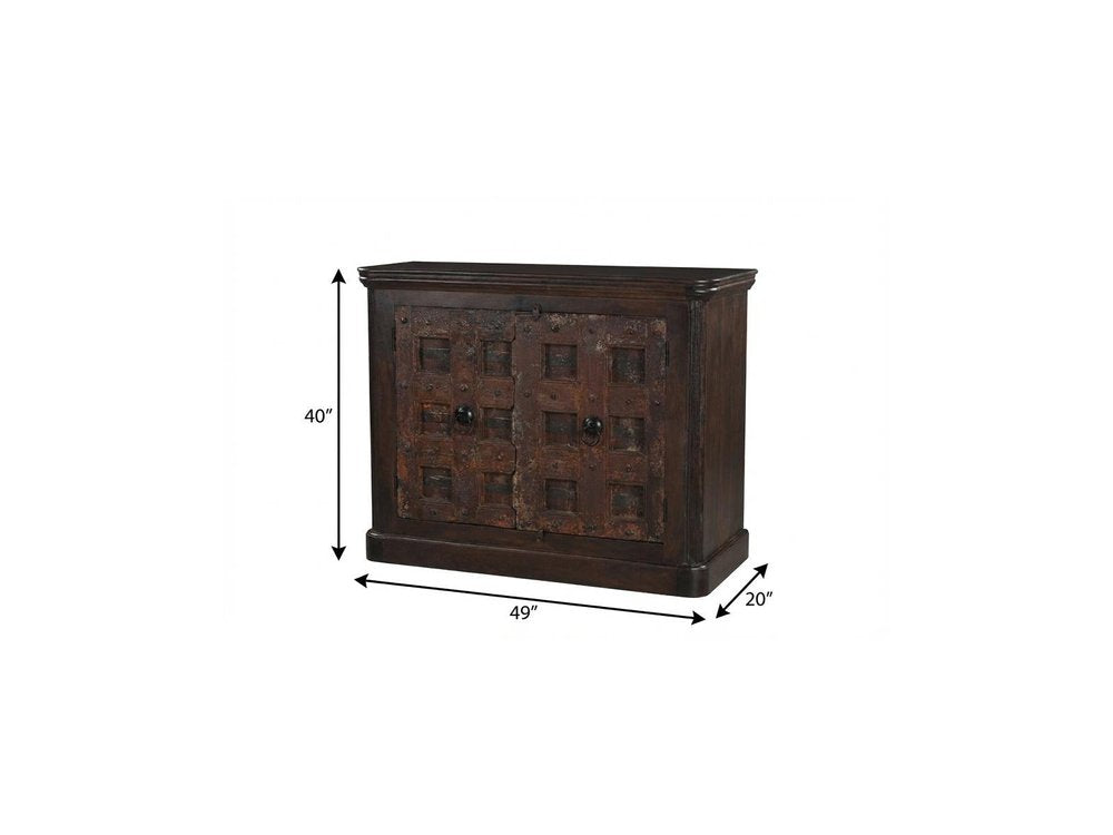 49" Dark Brown Distressed Solid Wood Carved Geometric Sideboard With Two Doors