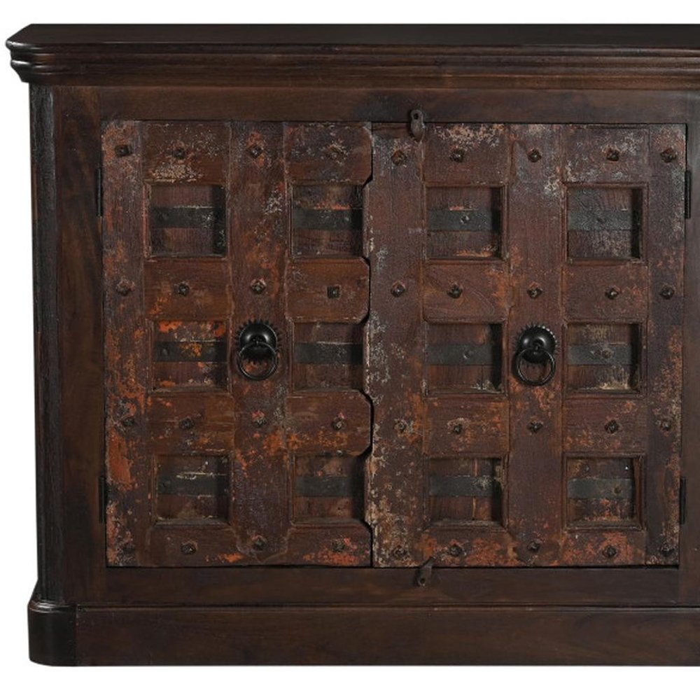 49" Dark Brown Distressed Solid Wood Carved Geometric Sideboard With Two Doors